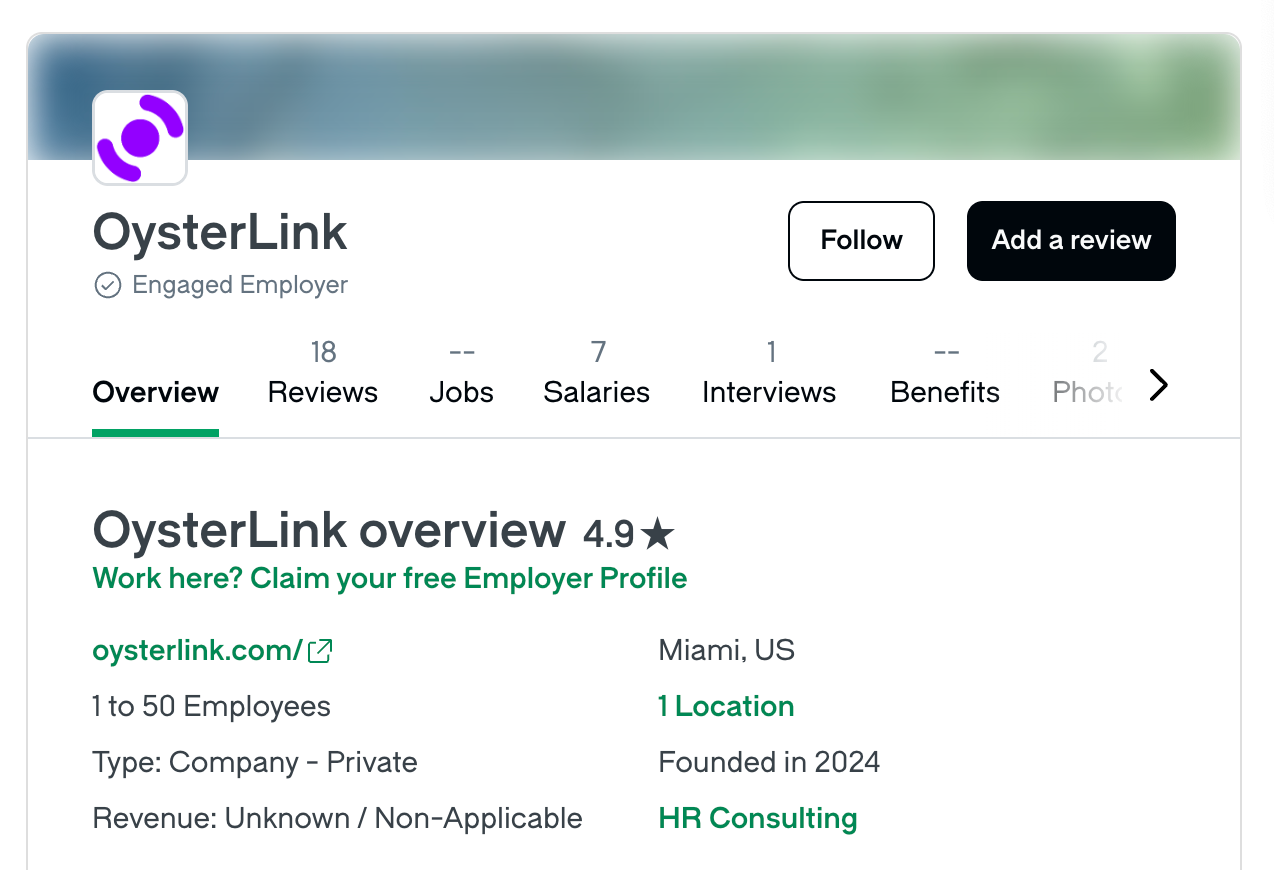 OysterLink is rated 4.9 on Glassdoor